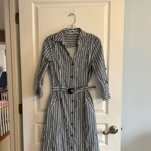 Mango Striped long sleeve belted dress in Navy